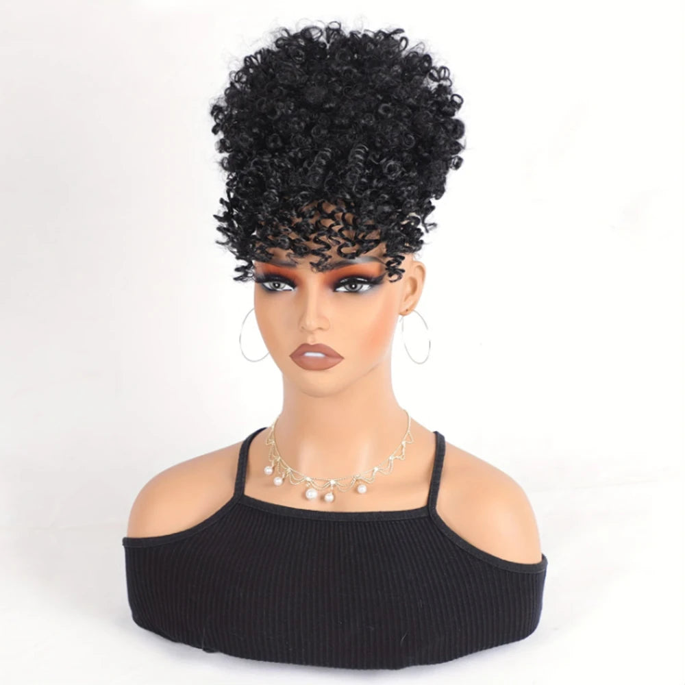 Afro puff drawstring ponytail with bangs, short kinky curly synthetic pineapple updo bun for Black women