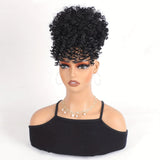 Afro puff drawstring ponytail with bangs, short kinky curly synthetic pineapple updo bun for Black women