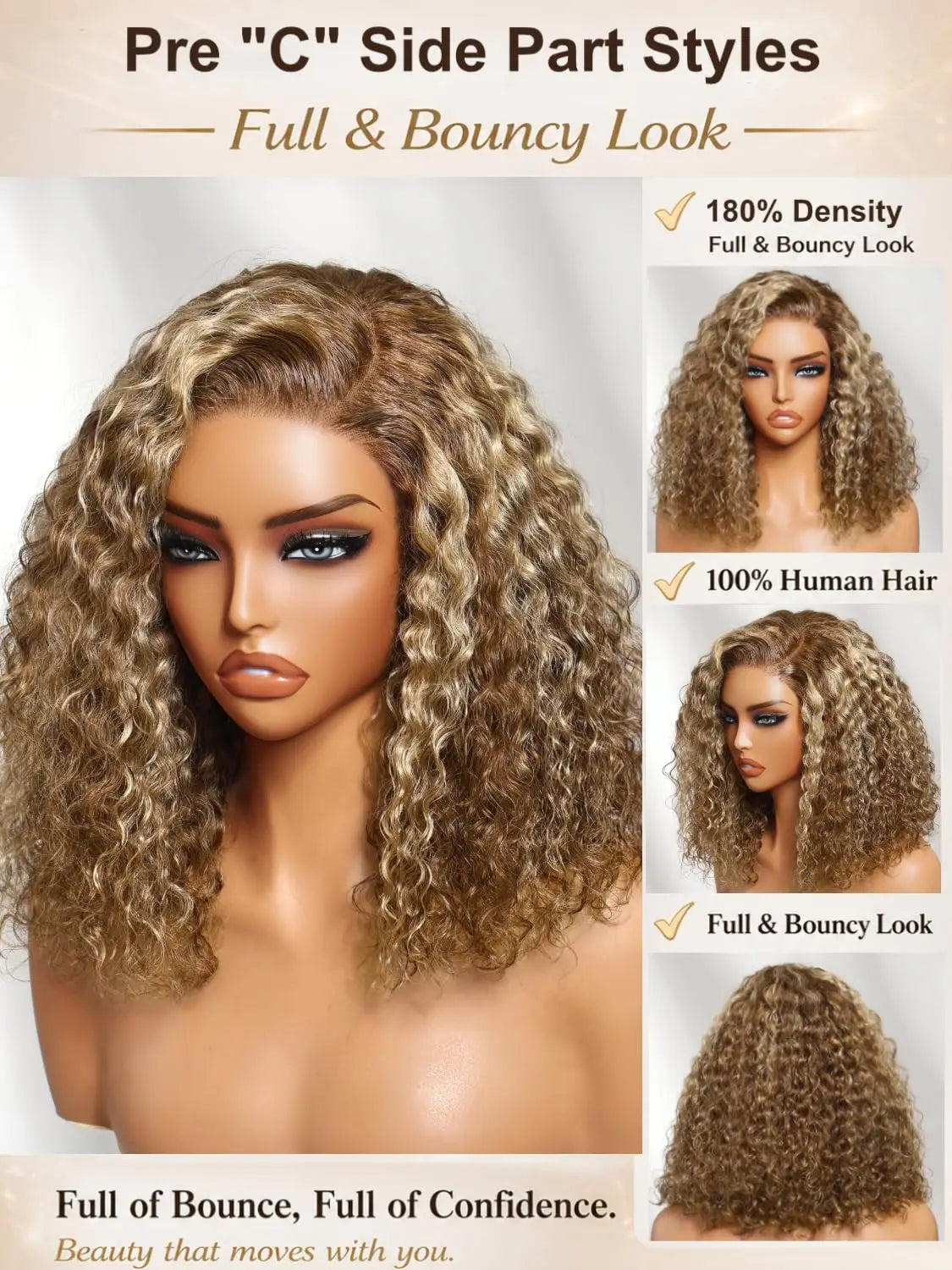 Honey blonde curly bob wig, glueless human hair lace front by HSF Marketplace