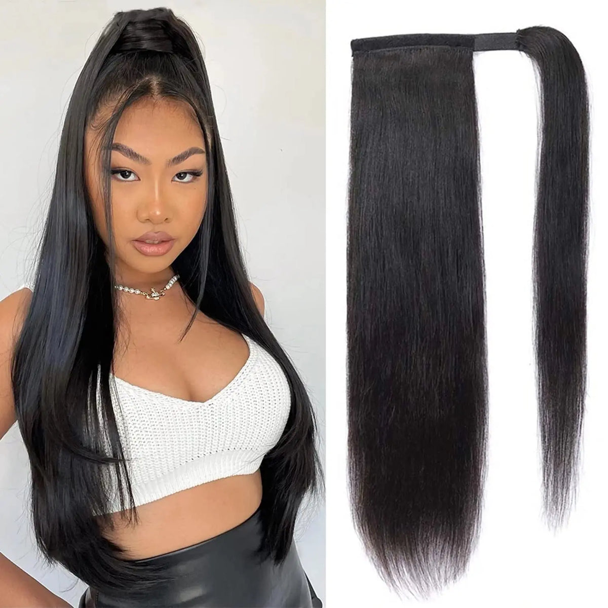 Kinky straight Brazilian Remy human hair wrap-around ponytail extension in natural color for women