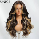 UNICE Butterscotch Highlights Loose Wave Wig With Face Framing Bangs No-Slip 7x5 Lace Glueless Human Hair Wig 150% Density