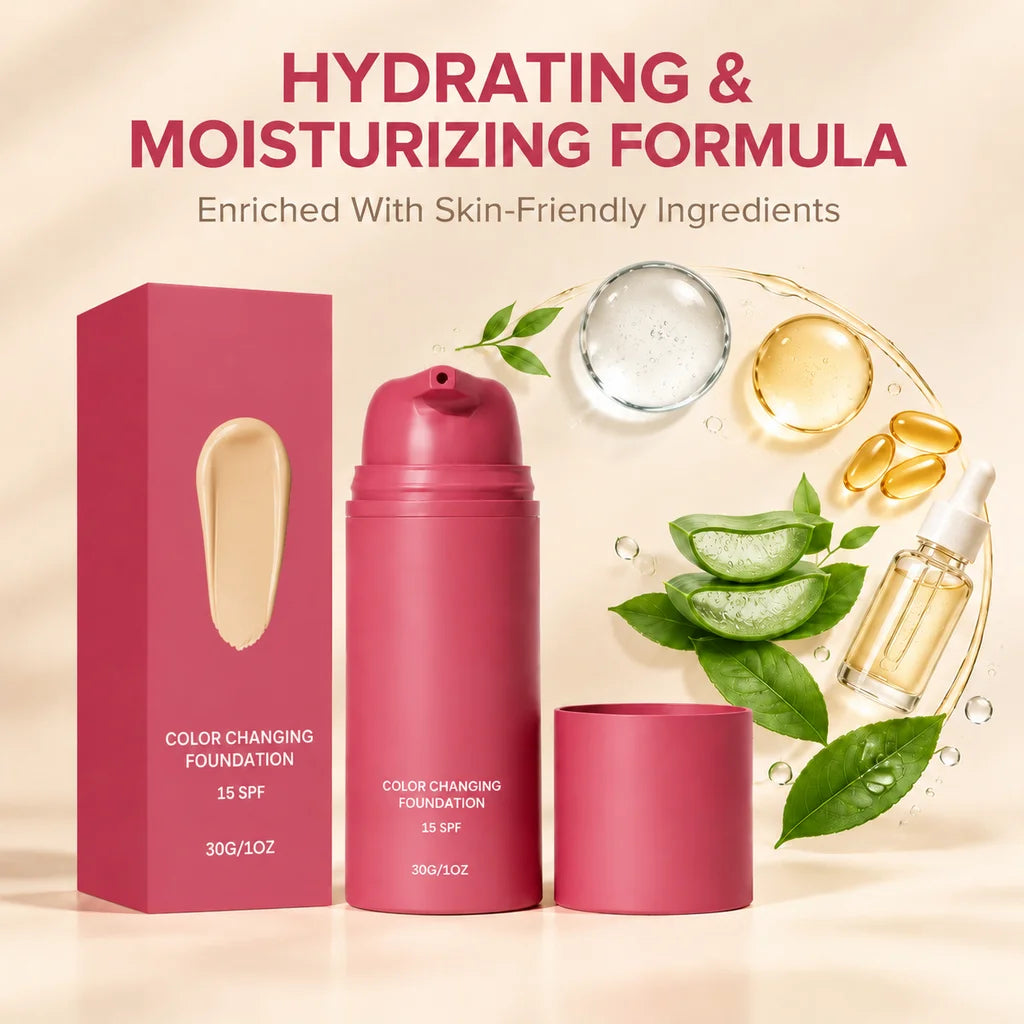 Color changing foundation liquid makeup with adaptive skin tone, lightweight deep hydration, and natural finish