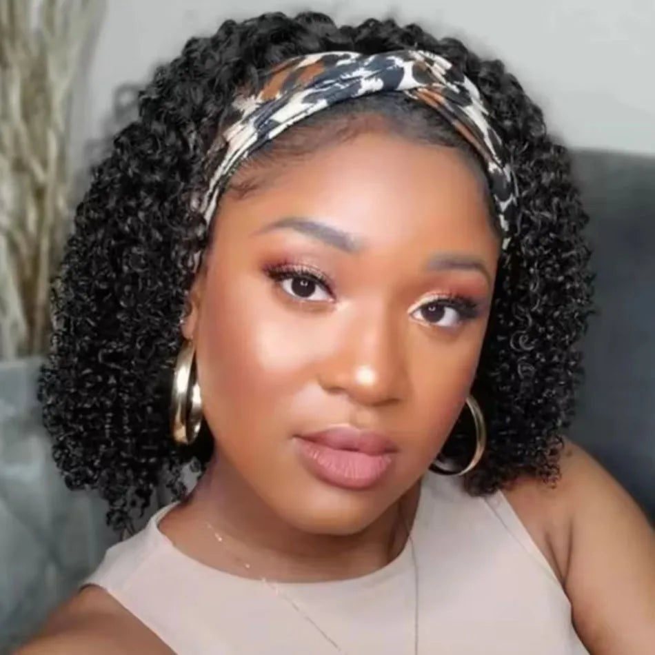 Brazilian kinky curly glueless human hair headband wig, short bob style, full machine-made 250% density