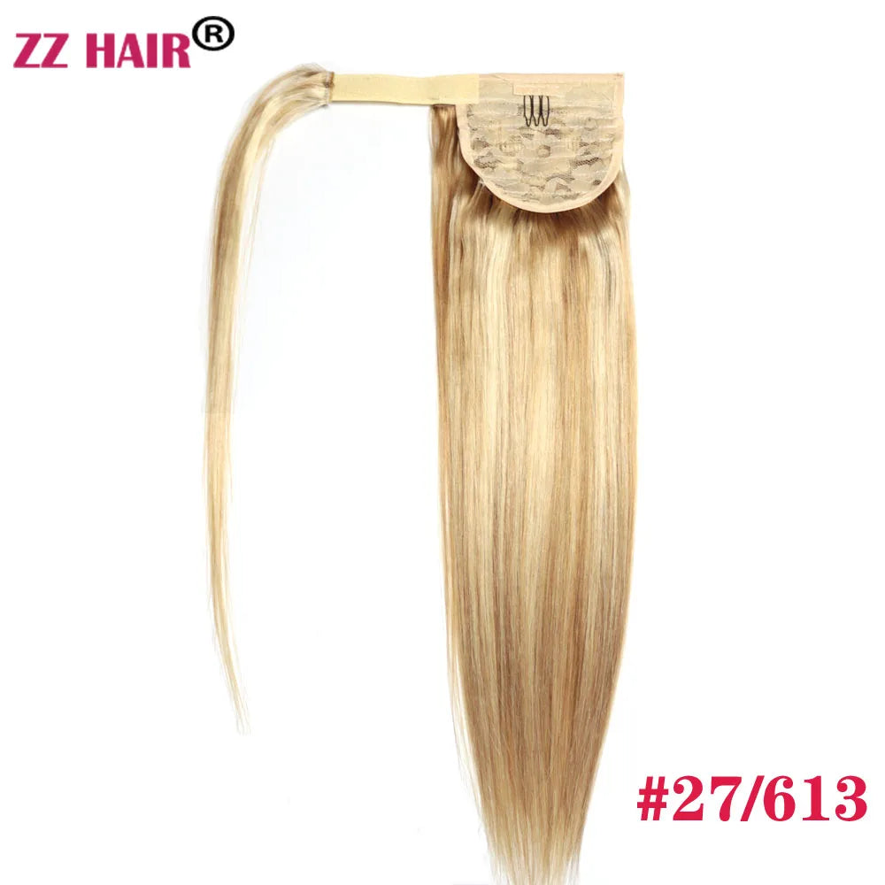 ZZHAIR 100% human hair straight wrap-around ponytail extension, machine-made Remy clip-in horsetail, 16-28 inches