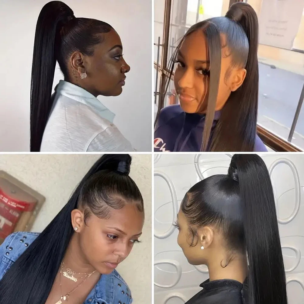 Remy human hair clip-in straight ponytail extension in natural black by HSF Marketplace