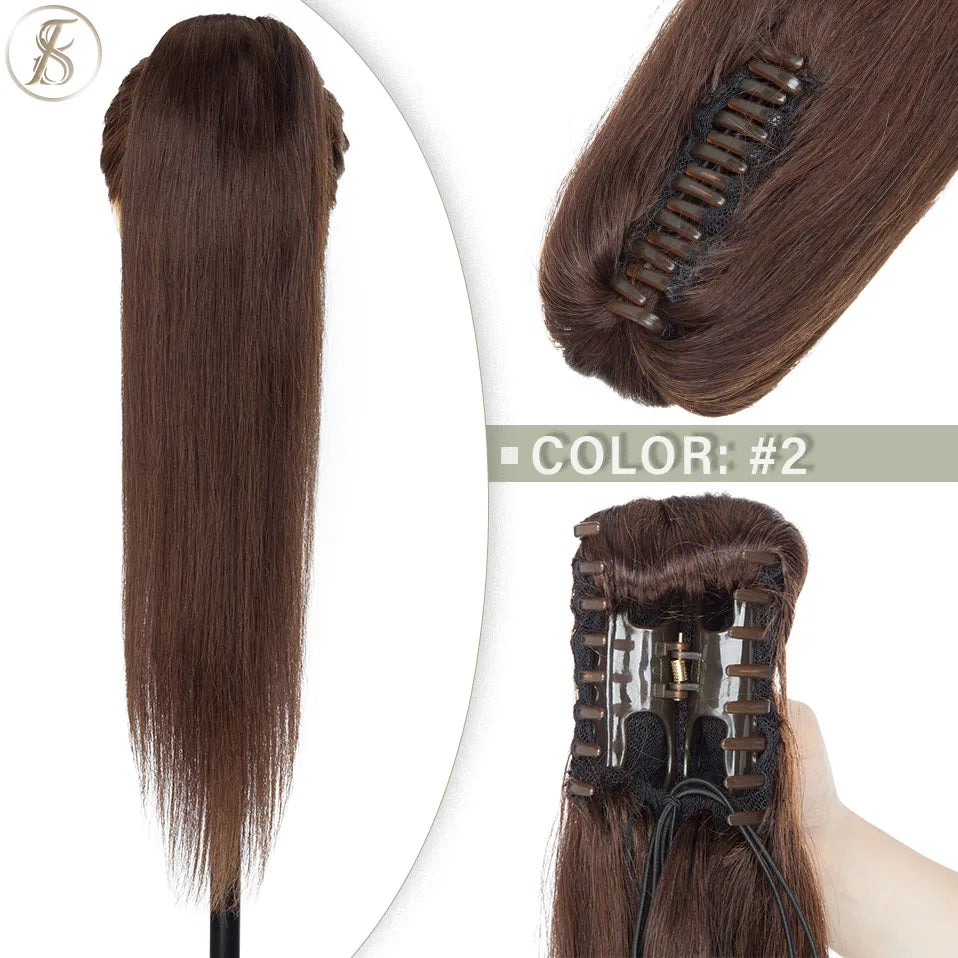 TESS Brazilian human hair claw clip-in ponytail extension, 14–22 inches, natural black to blonde