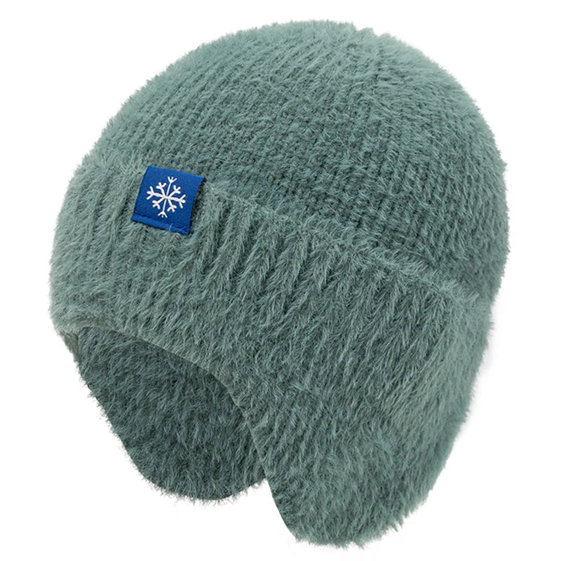 Women's candy-color earflap winter hat with soft faux fur, knitted beanie design, and Kpop streetwear style