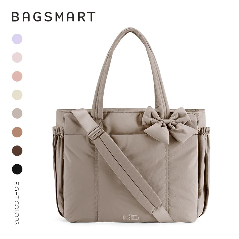 Hanging BAGSMART large capacity tote bag for women with multiple pockets, versatile commuting handbag, shoulder sport style.
