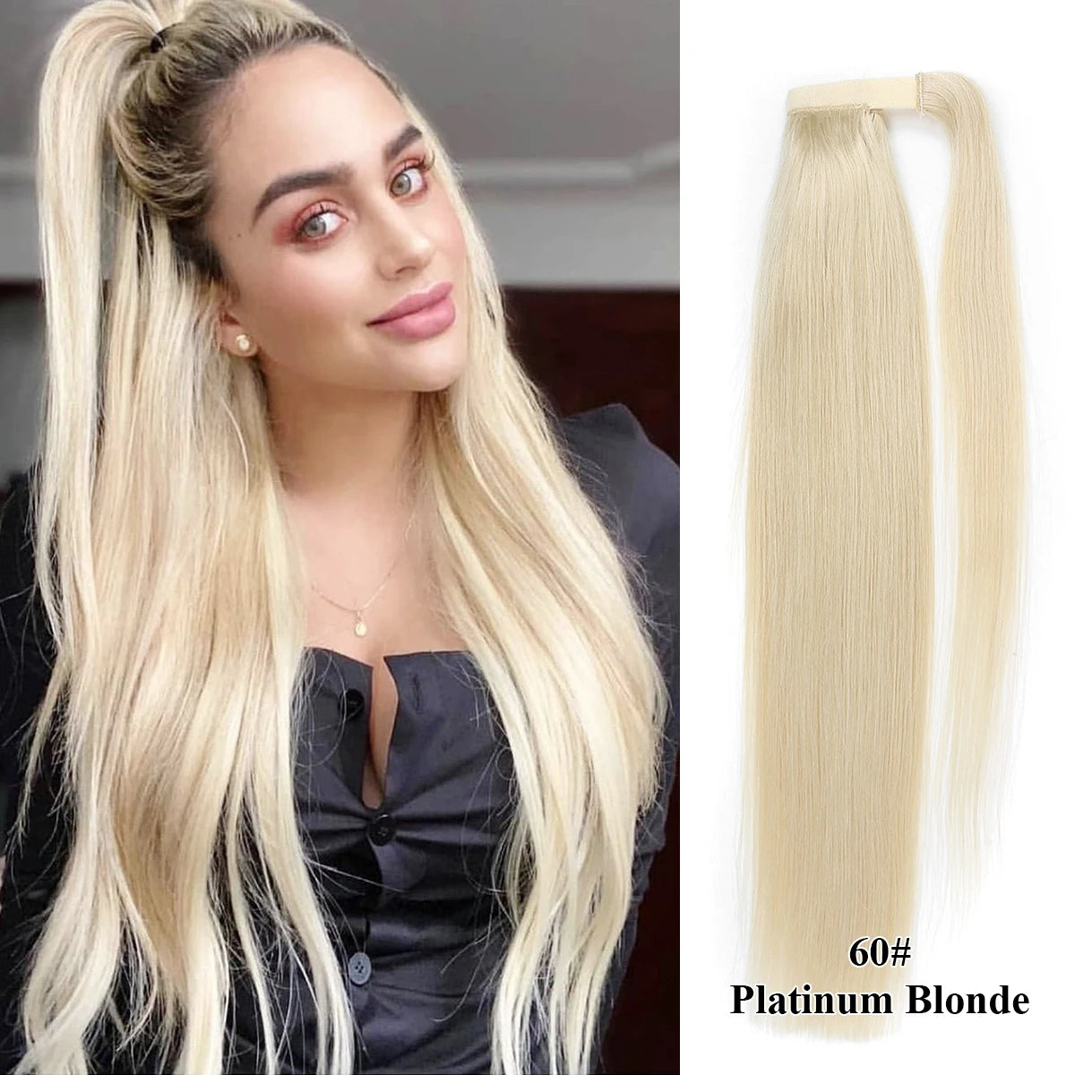 Straight Brazilian Remy human hair wrap-around ponytail extension in natural-looking style