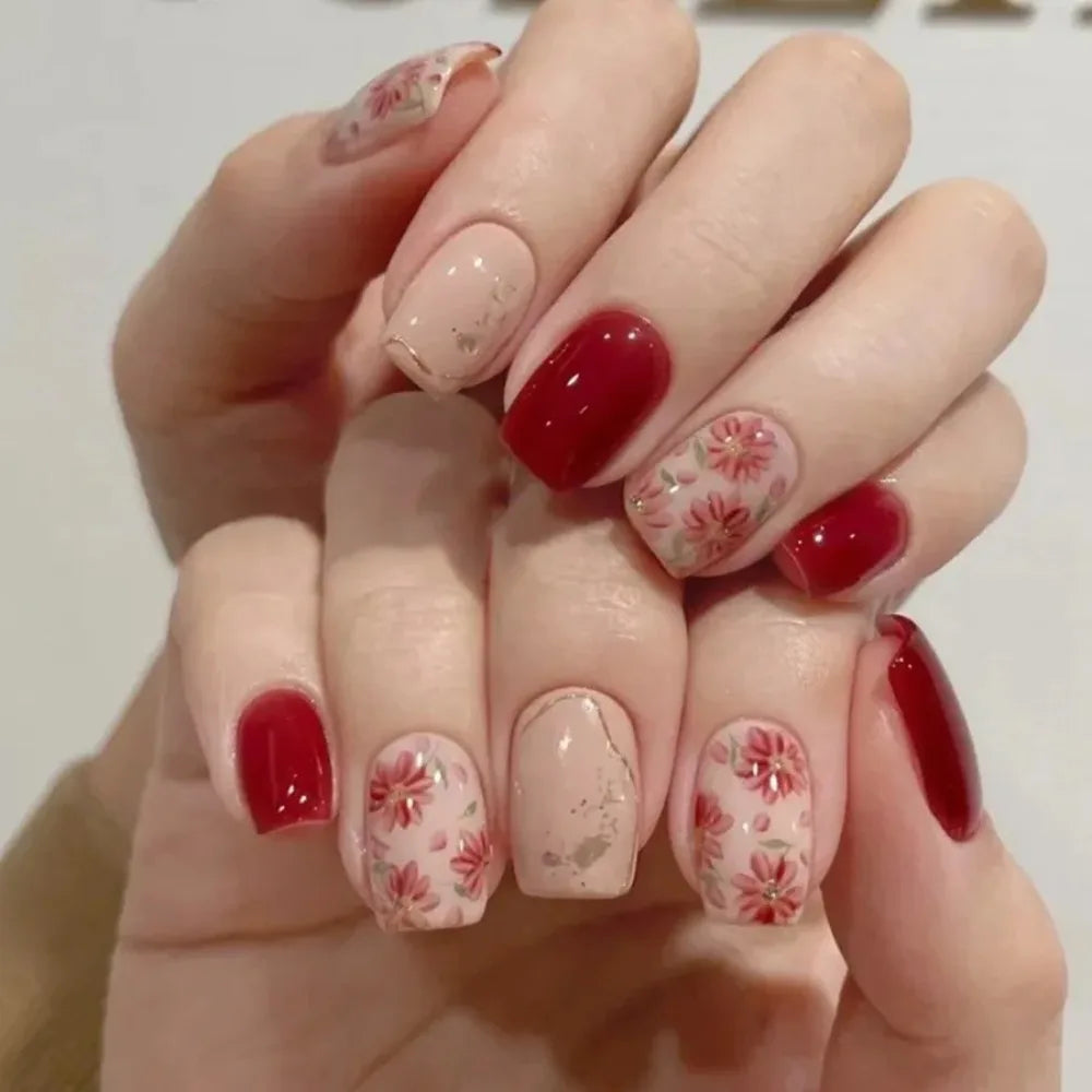 24-piece pink short square French press-on false nails with glitter flower design by HSF Marketplace