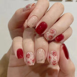 24-piece pink short square French press-on false nails with glitter flower design by HSF Marketplace