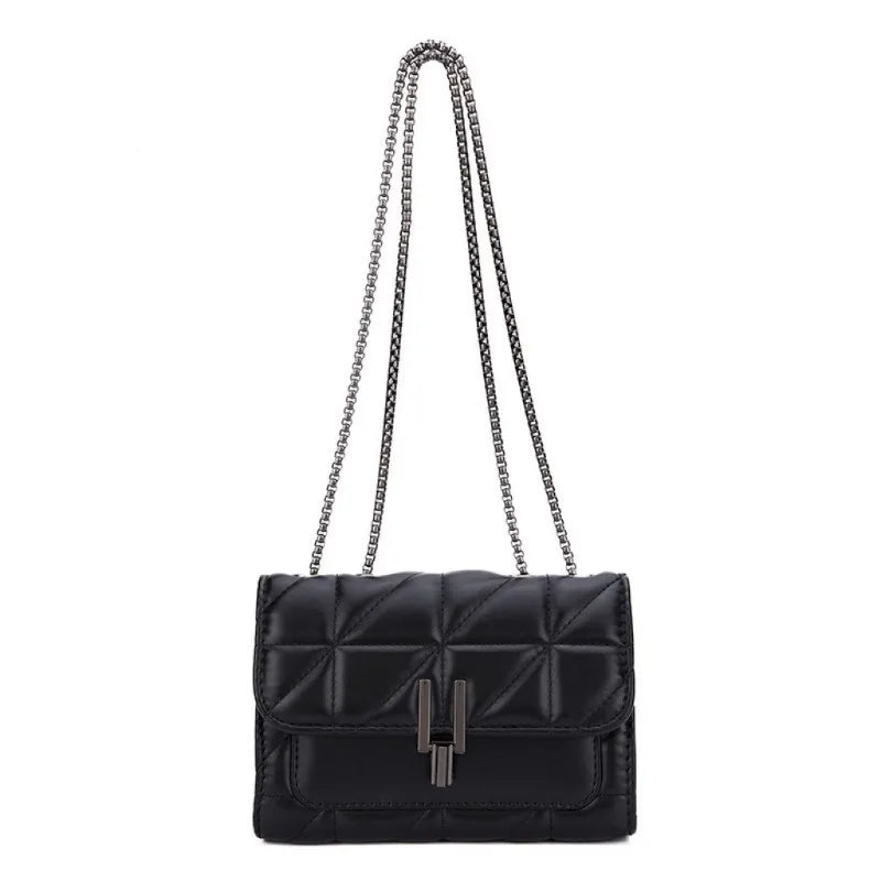 Women's quilted leather shoulder bag with buckle chain and diamond grid embroidery, compact crossbody handbag by HSF Marketplace.