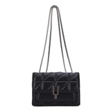 Women's quilted leather shoulder bag with buckle chain and diamond grid embroidery, compact crossbody handbag by HSF Marketplace.