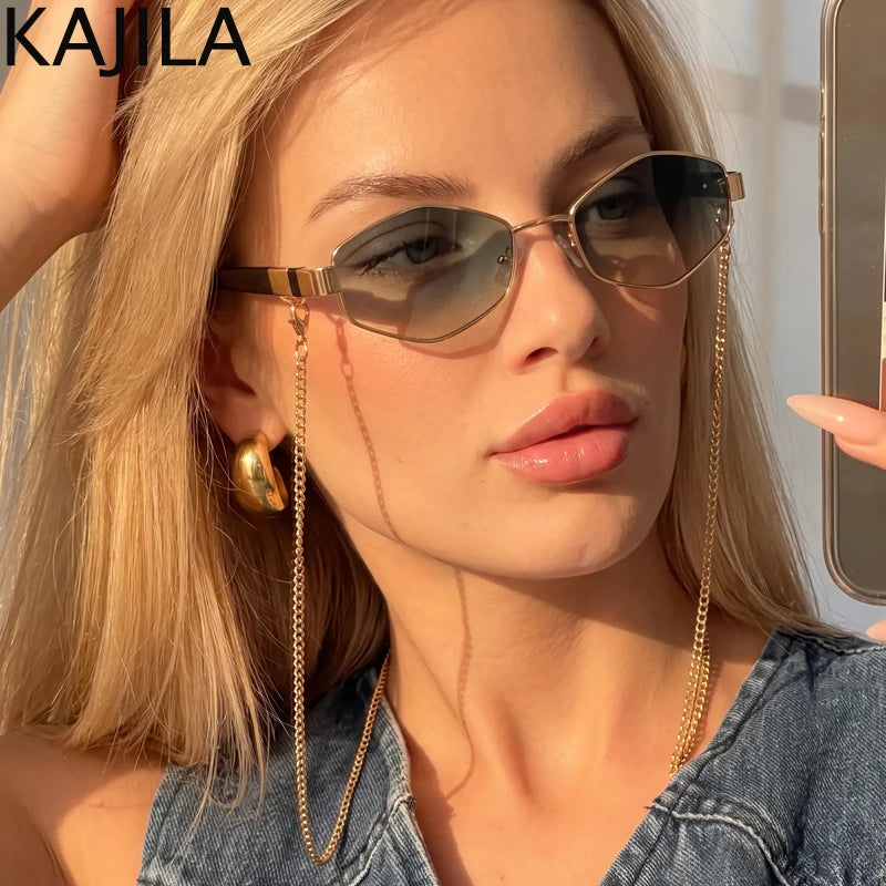 Sexy small hexagon sunglasses for women with chain, luxury brand designer punk sun shades, stylish Gafas De Sol by HSF Marketplace