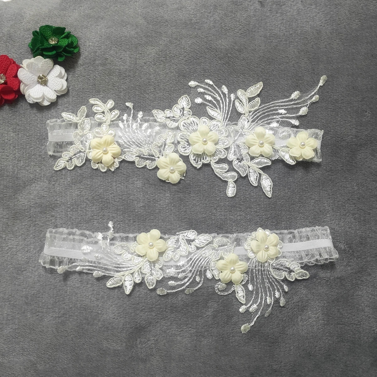 HSF Marketplace pearl flower embroidered bridal thigh garter belt set with elastic leg loops, 2 pieces