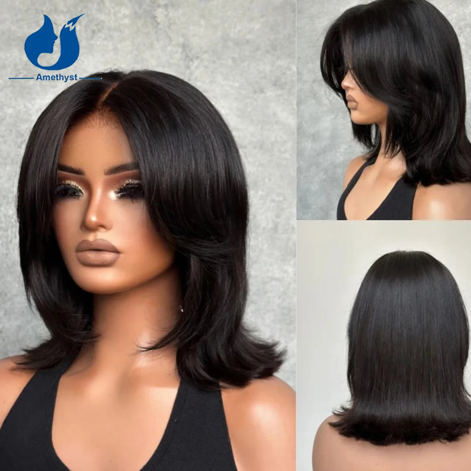 Amethyst Face Framing Layered Bob Wig 13x6 Lace Front Human Hair Wig for Women Brazilian Remy with Sleek Swoop Bangs Middle Part