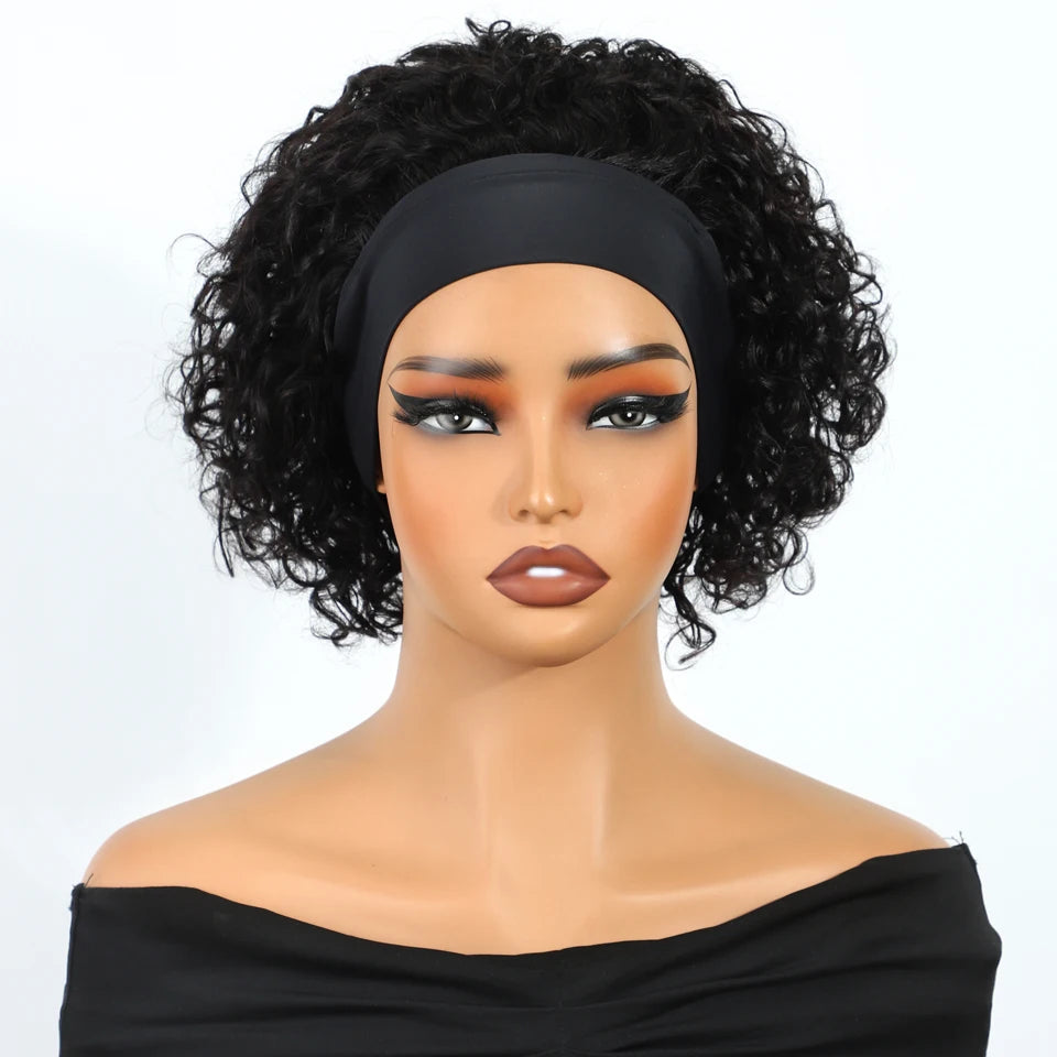 Short curly pixie cut bob human hair wig, glueless full machine-made Brazilian Remy hair wig with headband