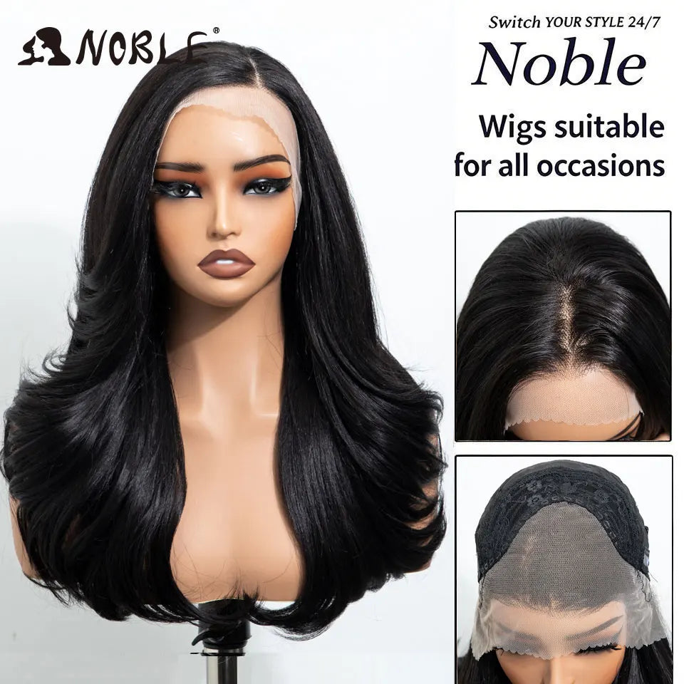 NOBLE 13x4 Synthetic Lace Front Wig 30 Inch Dark Brown Layered Fluffy Wavy Wig Pre Plucked Hairline Heat Resistant Wig For Wome
