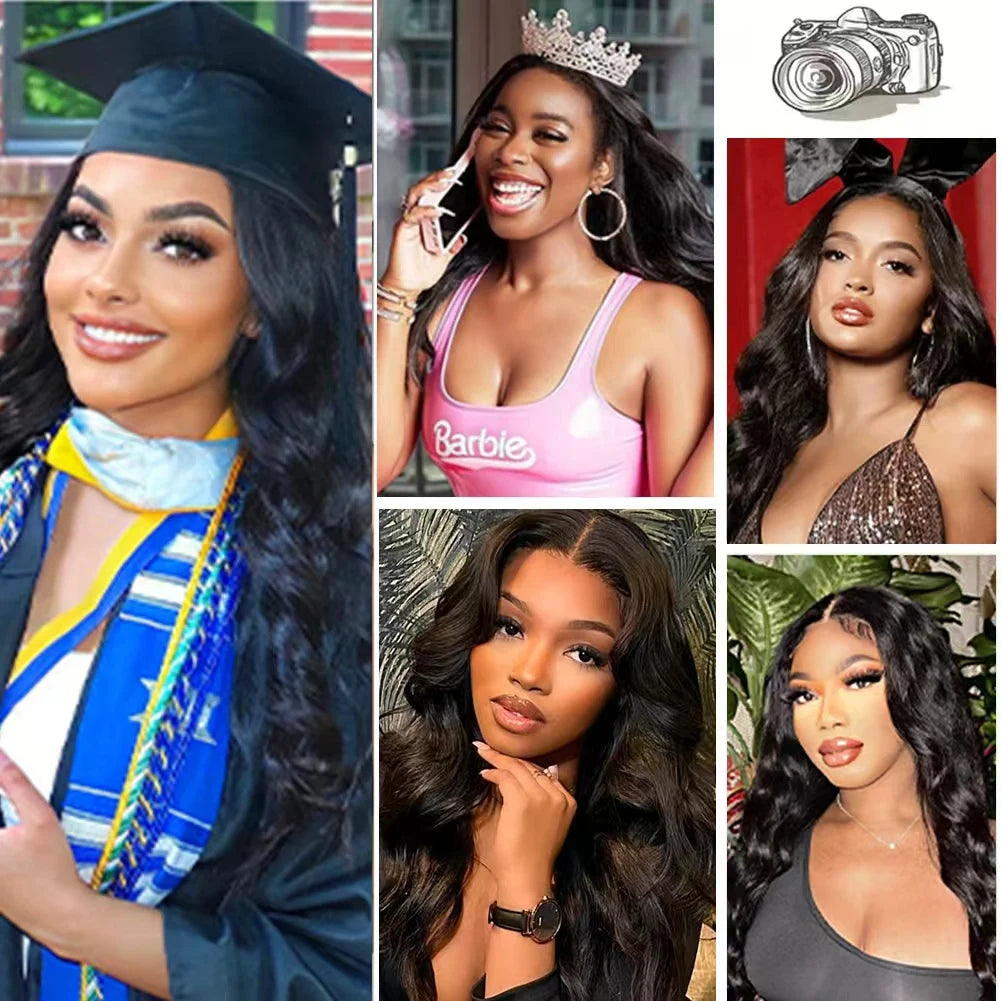 5X5 Body Wave 3/4 Bundles with 4X4 Lace Closure Human Hair Extensions for Women Natural Black Big Wave Human Hair Easy to Wear for Women'S Daily Styling