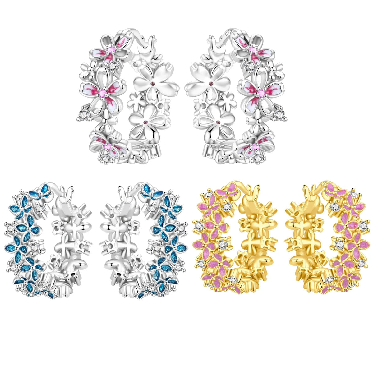 S925 sterling silver cherry blossom flower hoop earrings for women, elegant floral jewelry for daily wear