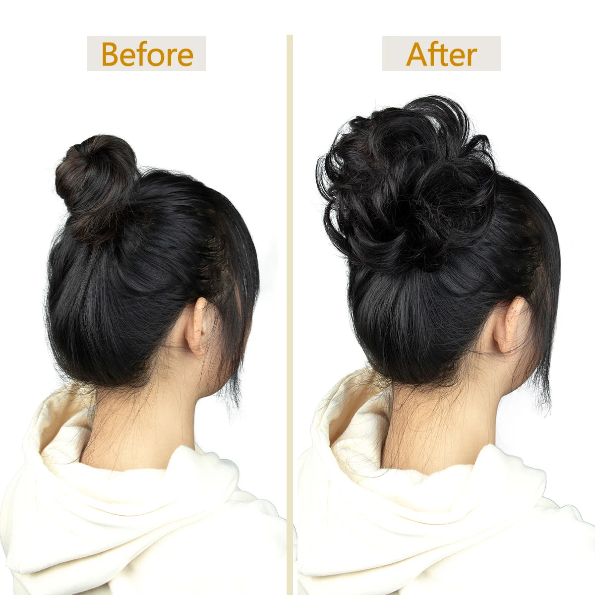Wavy curly human hair messy bun ponytail hair piece with clip-in air bangs fringe for women