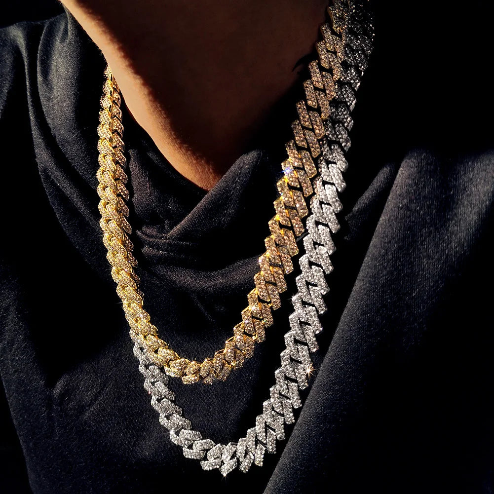 Gold Cuban link chain necklace with rhinestones, 16-24 inch, 2-row hip hop jewelry for women and men.