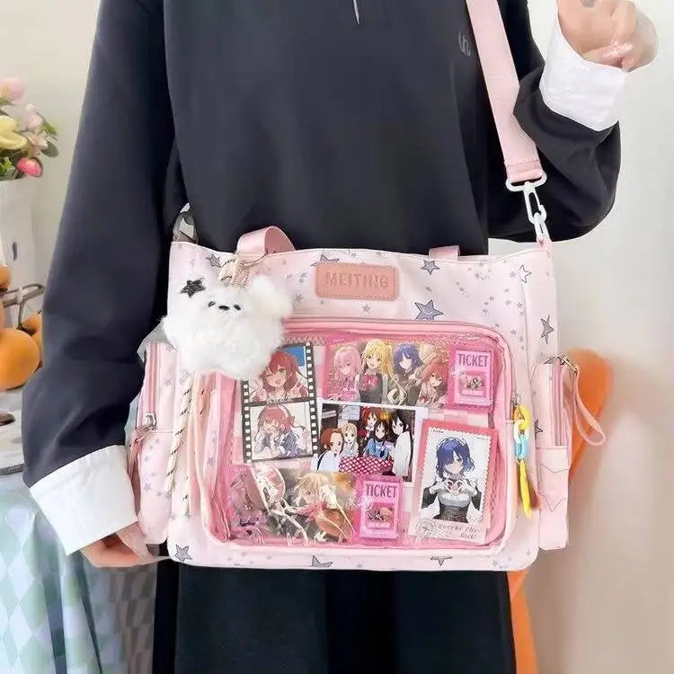 Transparent Y2K Japanese ita shoulder bag by HSF Marketplace, featuring a large capacity casual tote with crossbody style and cute lolita design.