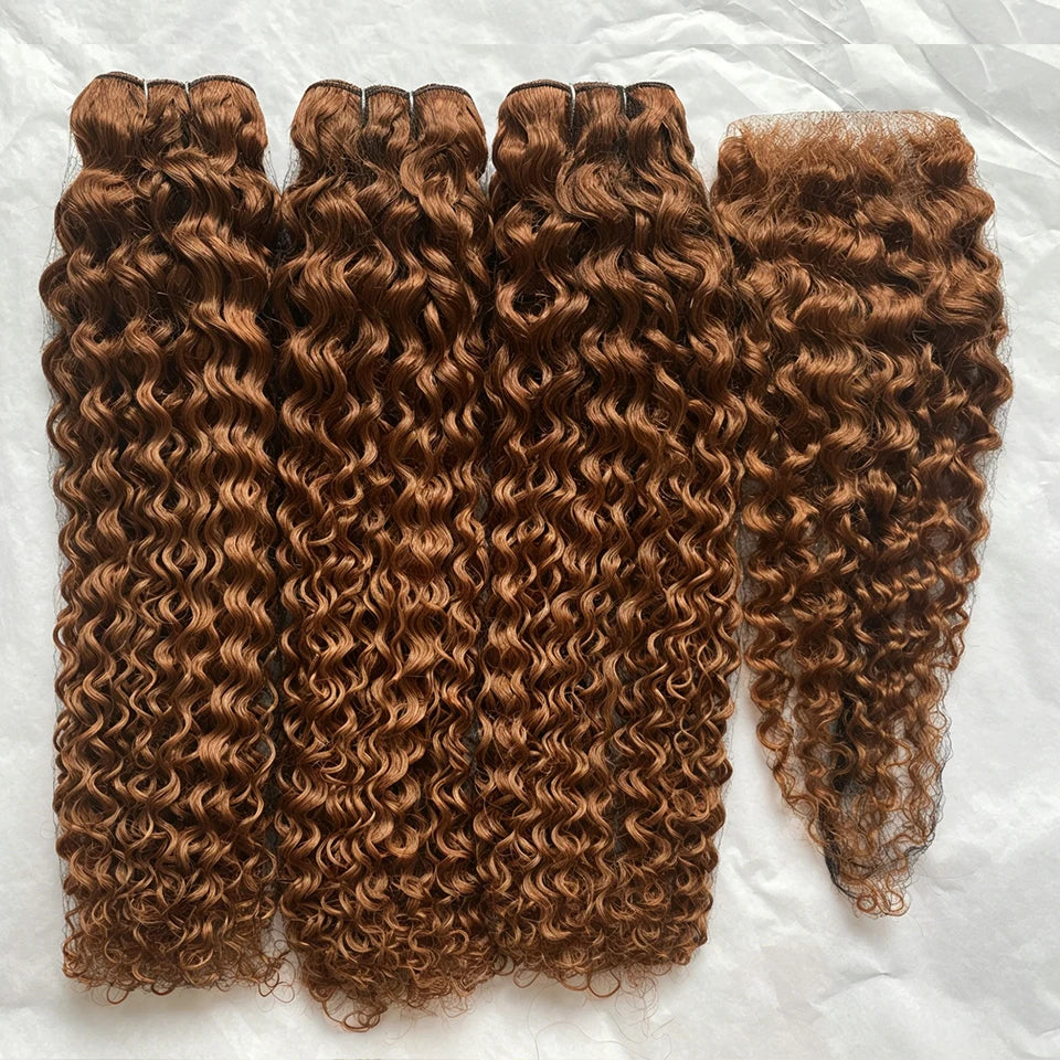 Chocolate brown human hair bundles with HD transparent lace closure, showcasing deep curly, water wave texture for black women.
