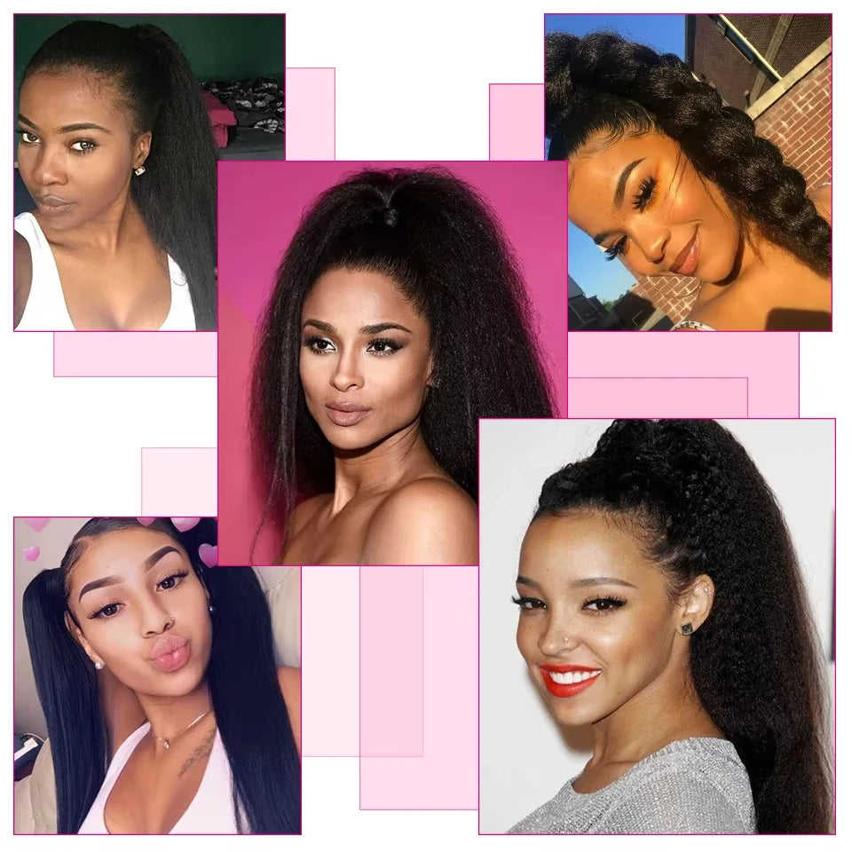 Kinky straight Remy Brazilian human hair wrap-around clip-in ponytail in natural color by HSF Marketplace