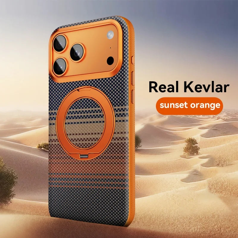 Kevlar case for iPhone 18 Pro Max with magnetic stand, black protective phone cover