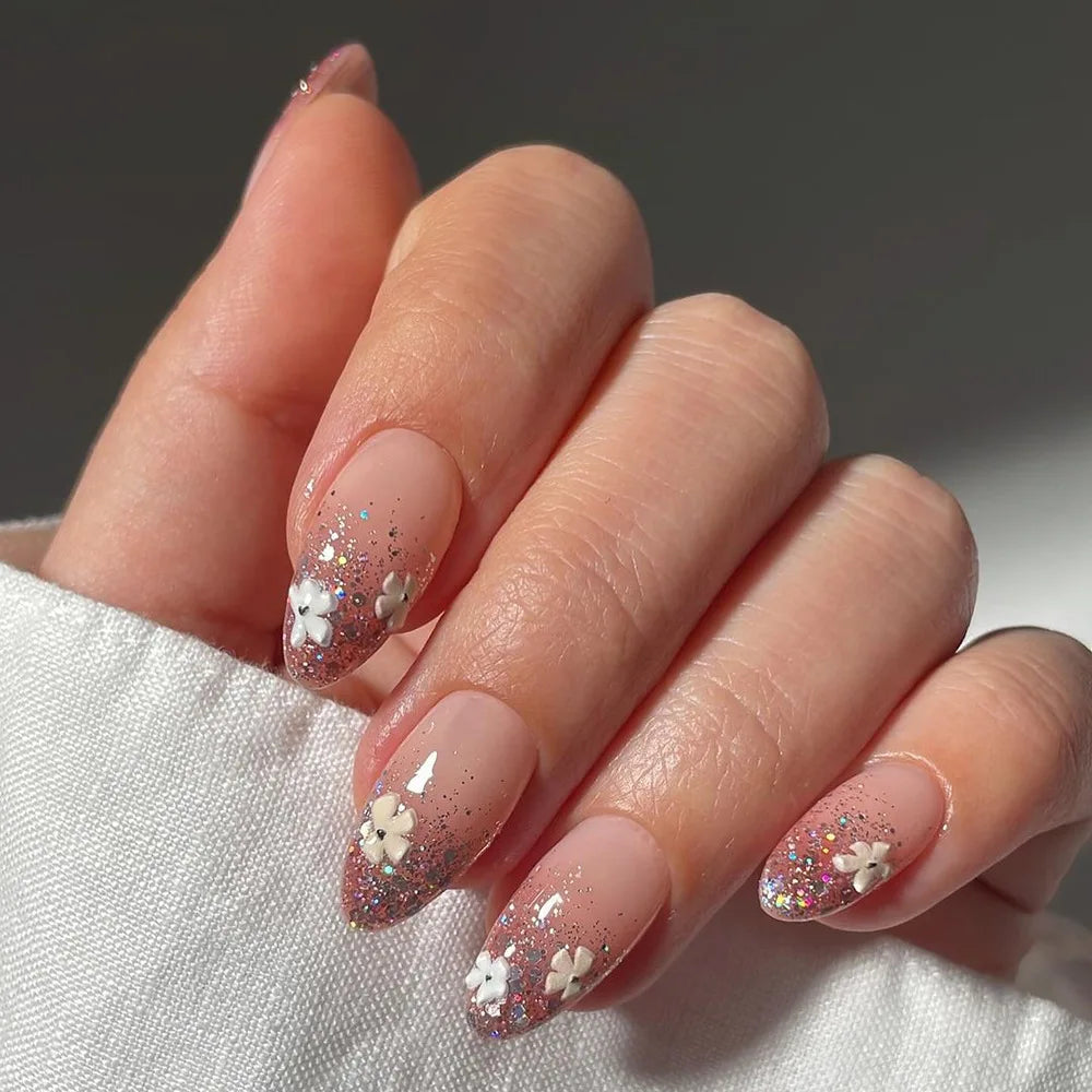 24-piece HSF Marketplace short almond press-on nails with pink floral French tips and glossy full-cover finish