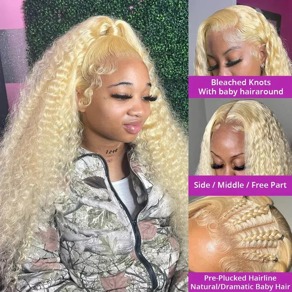 200% 250% Density 613 Blonde Lace Front Wigs Deep Wave Human Hair 13x4 Hd Lace Frontal Wig Pre Plucked Brazilian Ponytail Human Hair Lace Frontal Wig For Women Ready to Wear On Clearance Sale Pre Plucked Wig Party Work