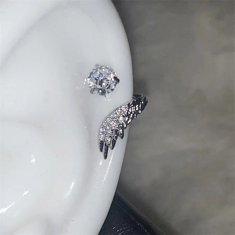 Silver wing 316L stainless steel ear bone nail with rhinestones for women by HSF Marketplace
