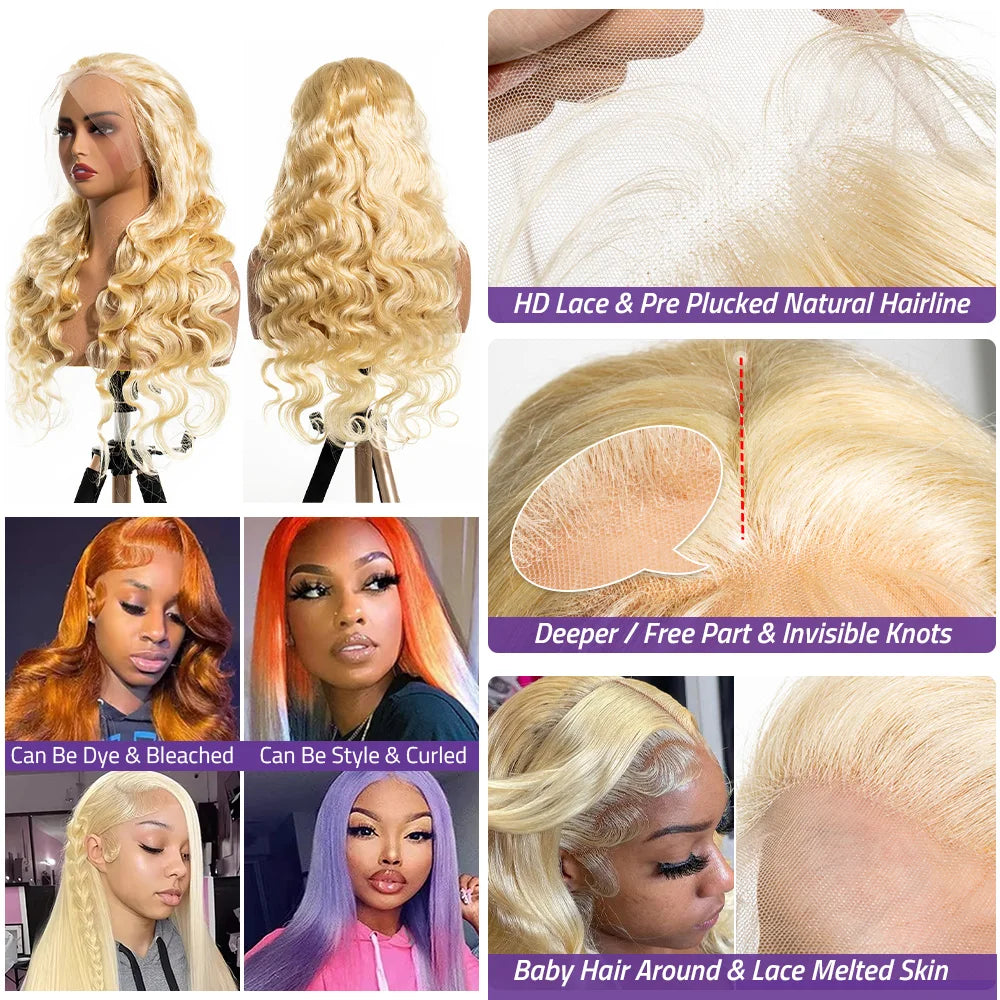 613 blonde body wave 13x6 HD lace frontal human hair wig, 38–40 inches, honey-colored lace closure front wig