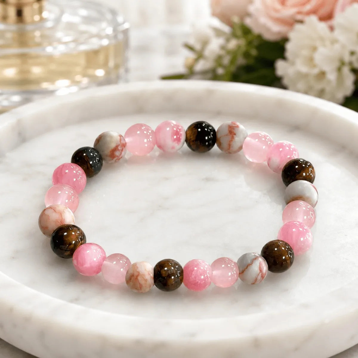 Pink Brown Beaded Bracelet, Round Elastic Bracelet with Tiger Eye Style and White Marble Pattern Beads, Daily Wear Jewelry Gift