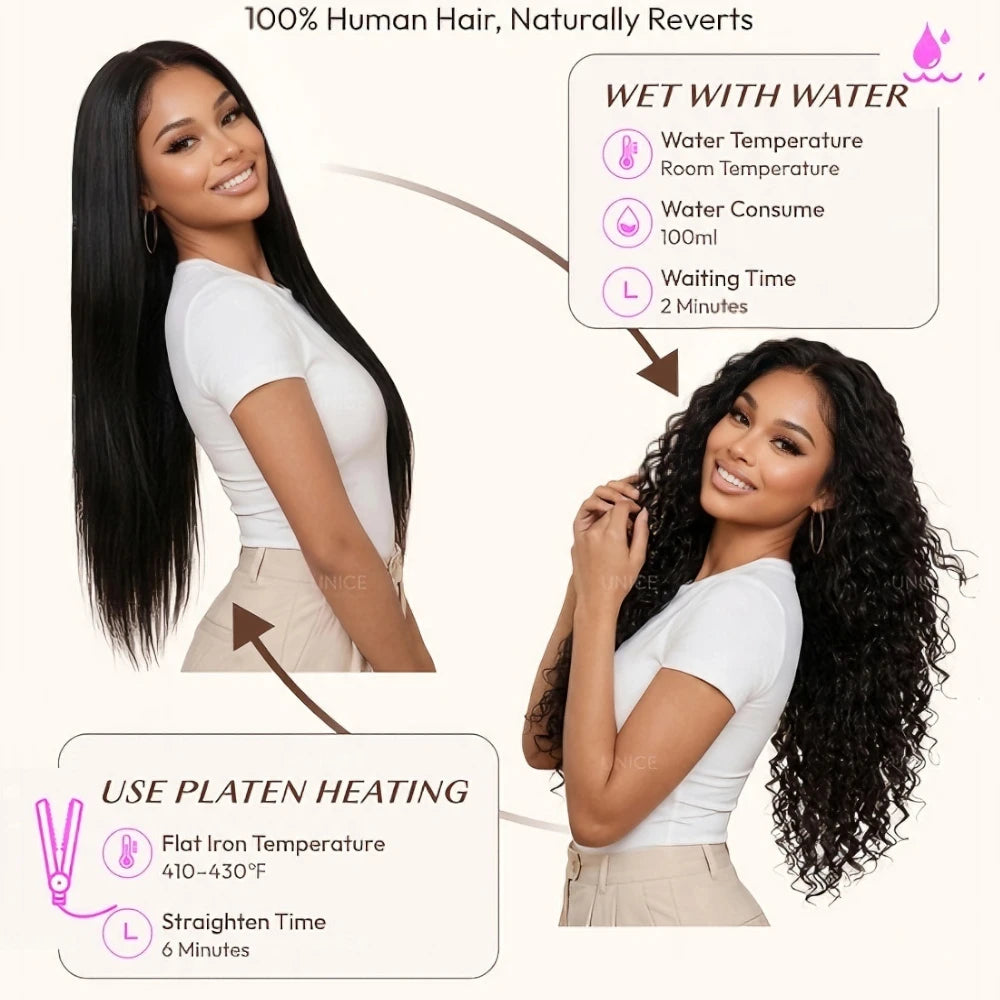 UNice 2-in-1 Wet & Wavy Wig Straight To Water Wave Human Hair Wig Bye-Bye Slip 7x5 13x4 Lace Glueless Wig Ready To Wear