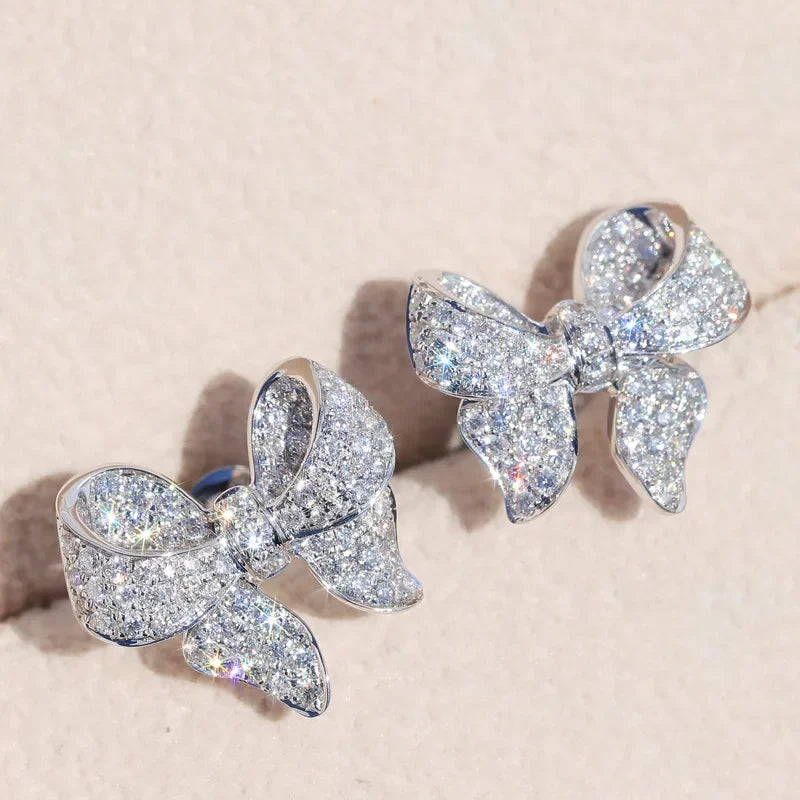 Romantic bowknot women’s stud earrings with full-paved shiny crystal zircon, delicate HSF Marketplace jewelry