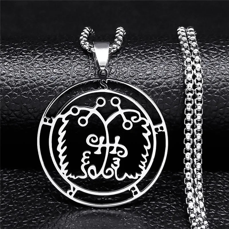 Stainless steel Satan necklace featuring Baphomet and Sigil De Lucifer design, with chain and laser-etched details, jewelry accessory.