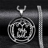 Stainless steel Satan necklace featuring Baphomet and Sigil De Lucifer design, with chain and laser-etched details, jewelry accessory.