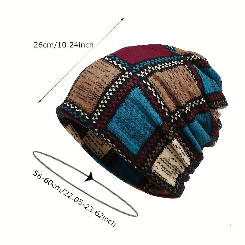 Women's vintage printed beanie hat in cozy autumn and winter style, HSF Marketplace