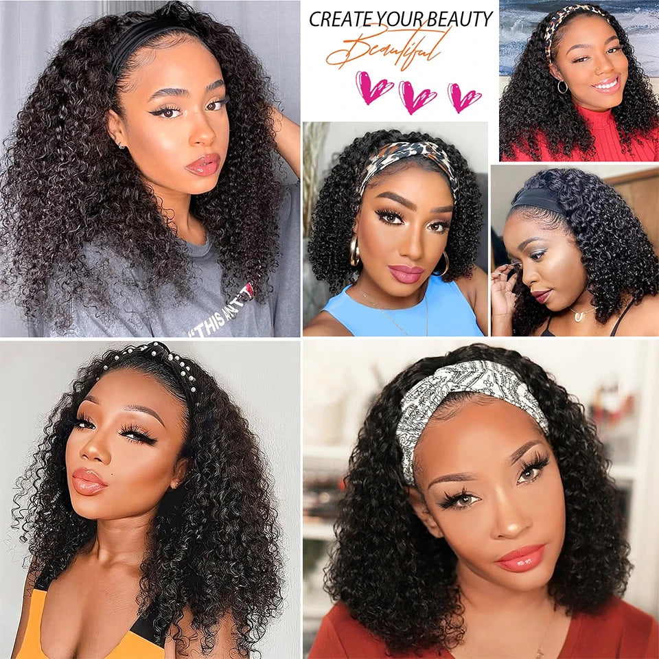 Short jerry curl headband wig human hair water wave bob wig for Black women, glueless machine-made style