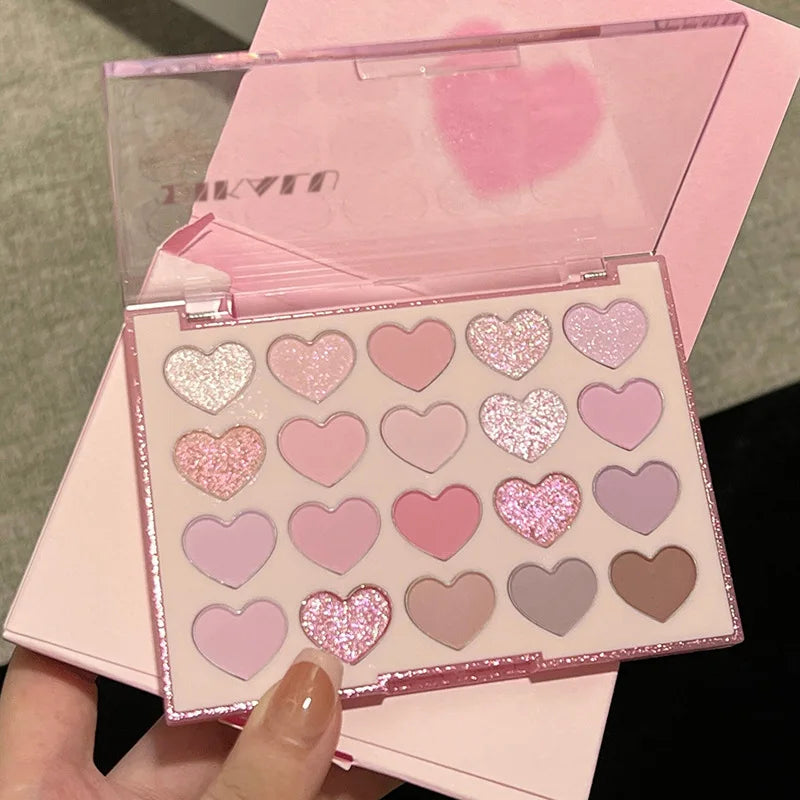 Sweet Pink 20-color heart-shaped eyeshadow palette with pearl glitter purple shades and pink blusher