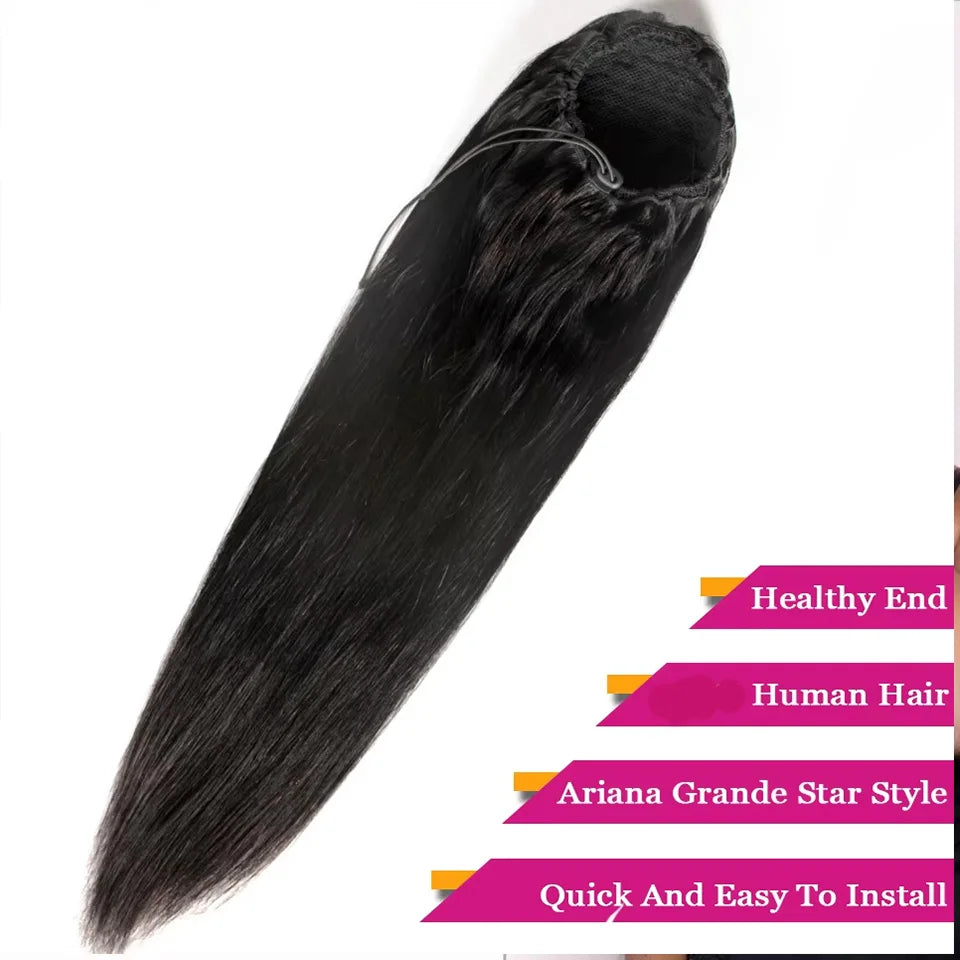 Aliballad Brazilian straight human hair drawstring ponytail clip-in extension with two combs, 150g
