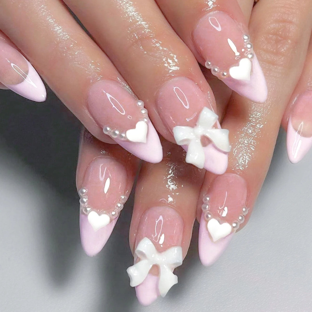 24pcs nude pink short duckbill false nails with leopard print French tips, 3D bowknots, butterflies and cherries