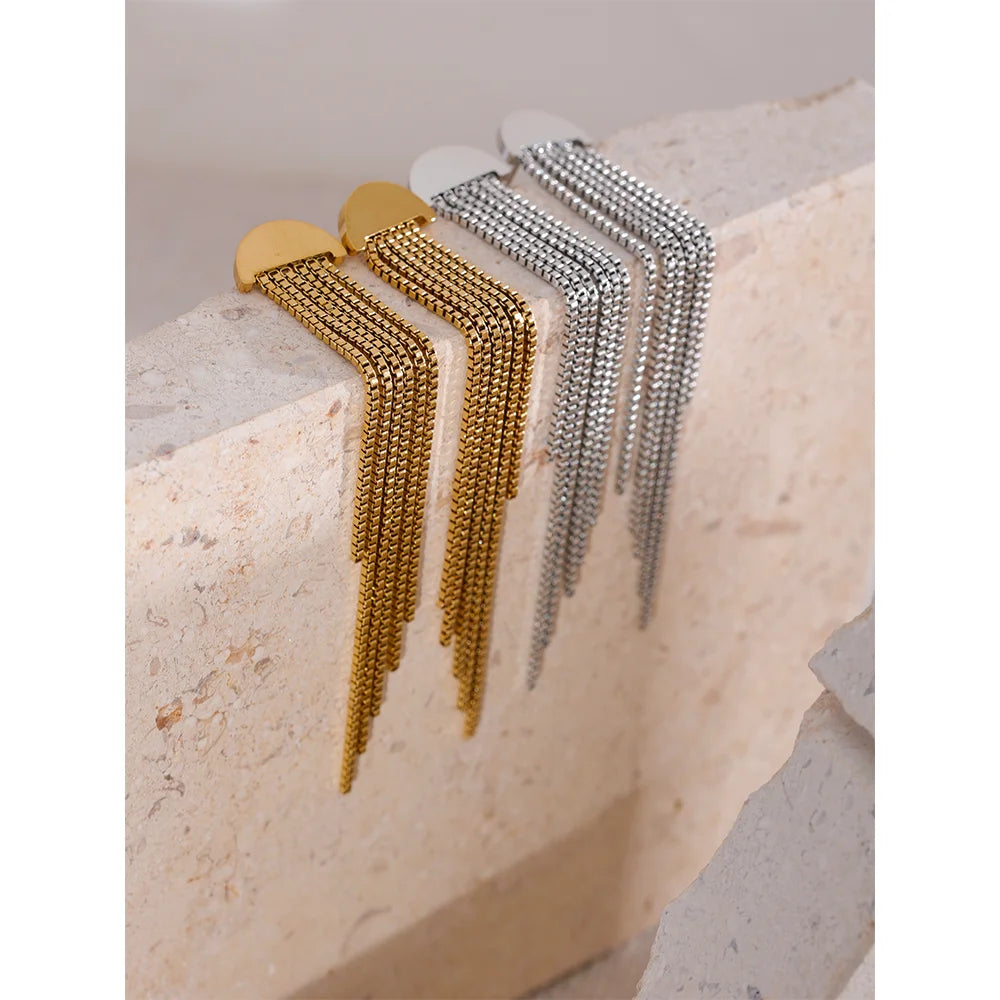 Stainless steel long tassel drop earrings with 18K gold plated charm by HSF Marketplace