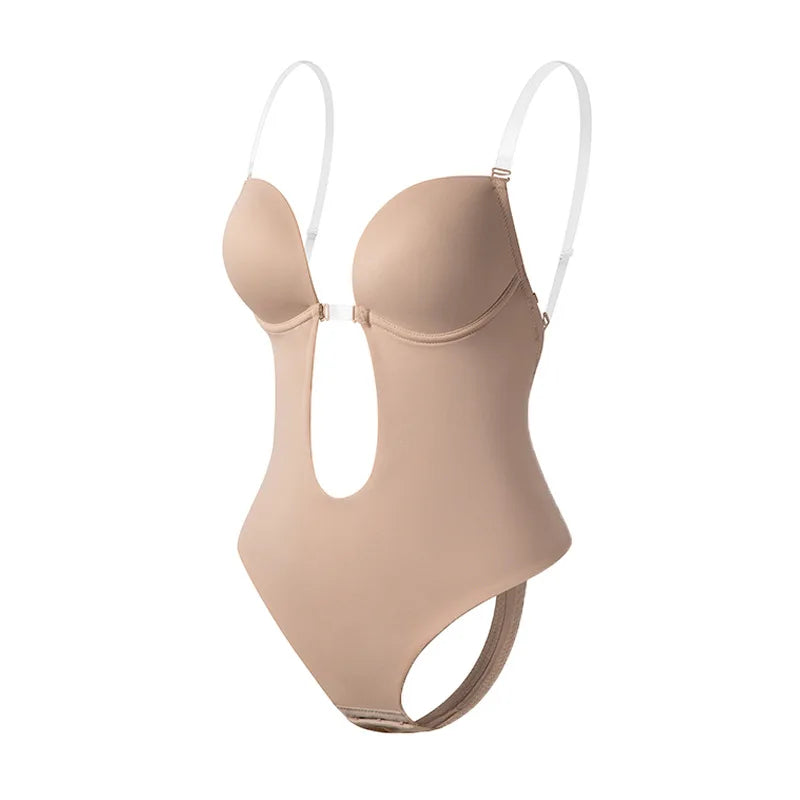 Women's deep V-neck push-up body shapewear bodysuit with thong bottom, U-shaped low back, and backless design