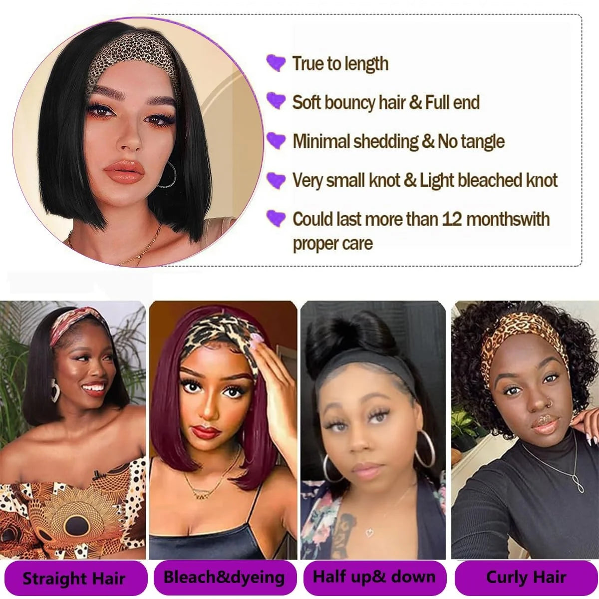 Straight headband bob wig, 100% human hair, short glueless half wig for Black women