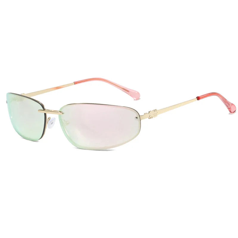 Oval frameless Y2K luxury sunglasses by HSF Marketplace featuring high-end punk style, ideal for outdoor retro fashion for women