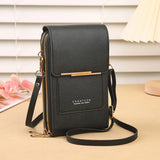 Holds a smartphone and cards, black Crazy Bag fashion touch screen lock cell phone bag with crossbody strap for women.