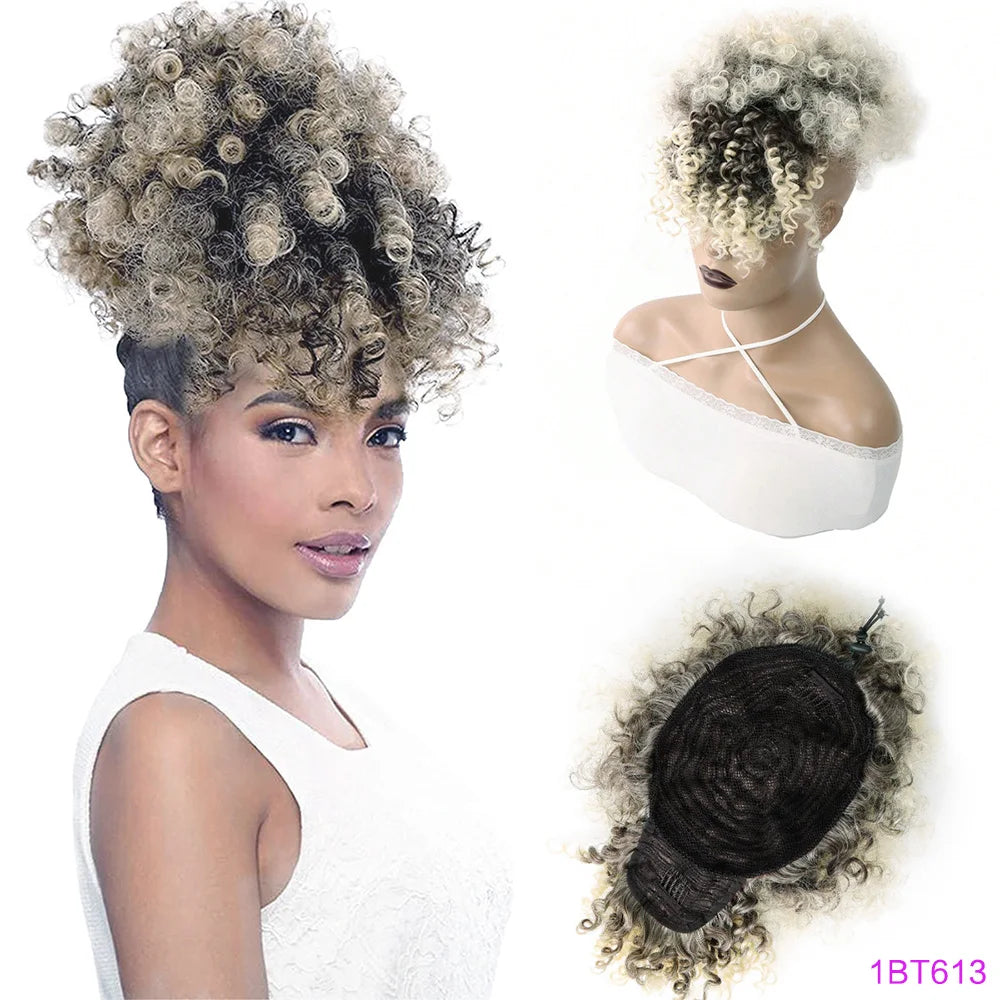Afro puff drawstring ponytail with bangs, short kinky curly synthetic pineapple updo bun for Black women